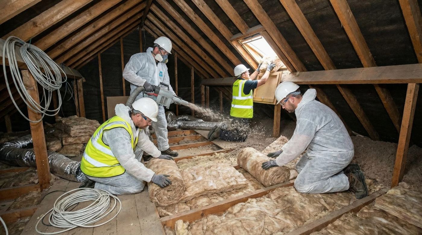 Insulation crew working together in an attic