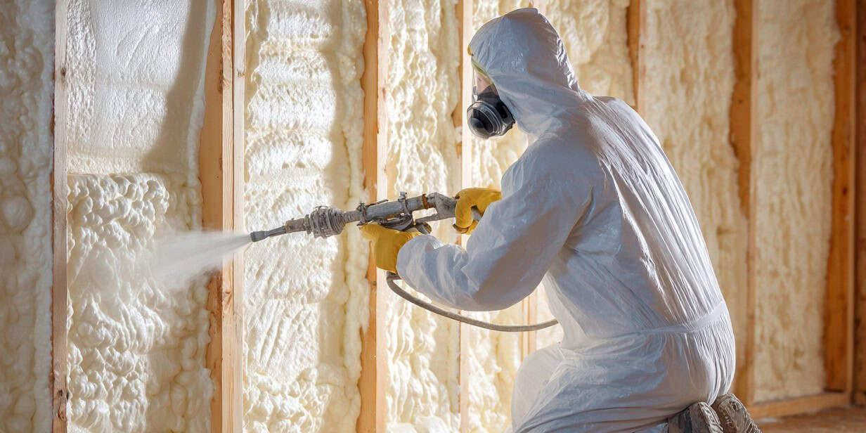 Spray foam insulation filling wall cavities in a garage